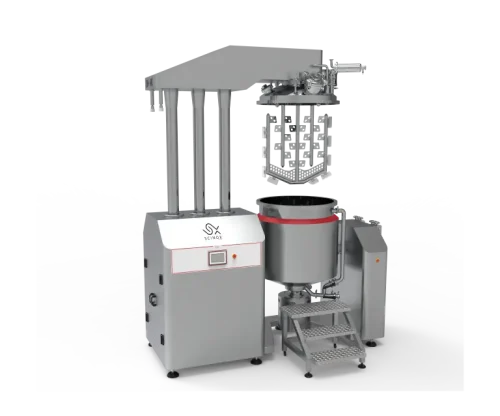 Flip cooker bottom homogenizer inside mixing chamber for creams and ointments