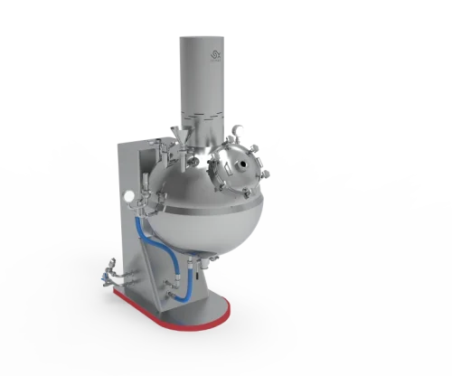 Spherical cooker head with central mixing mechanism and Teflon scrapers