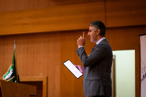 Baraa Orabi, Chief Executive Officer of Scinox, speaking during the engineering workshop at Damascus University