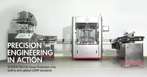 SCINOX integrated sauce and mayonnaise production line constructed from sanitary SS316L stainless steel featuring a Pro Mixer and 4-head filling machine
