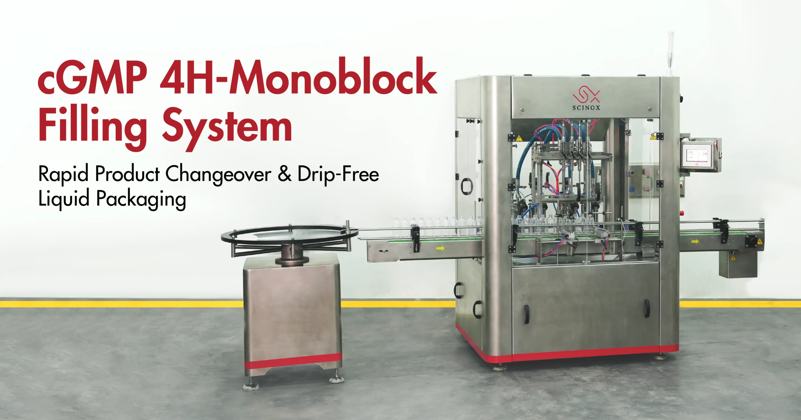  (ALT Text): Scinox 4H-Monoblock automatic full-servo liquid filling machine with volumetric dosing for pharma and cosmetics packaging lines