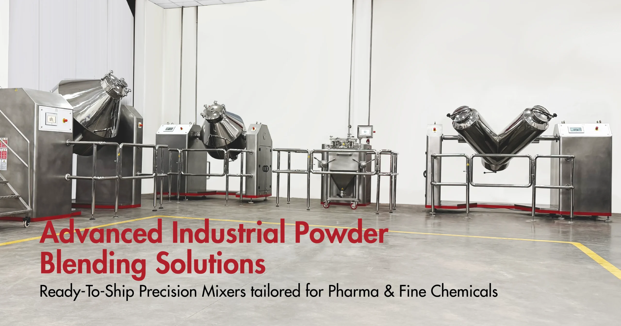 SCINOX in-stock industrial powder mixers lineup featuring V-Blender, Double Cone Blender, and BIN Blender for pharma and food industries
